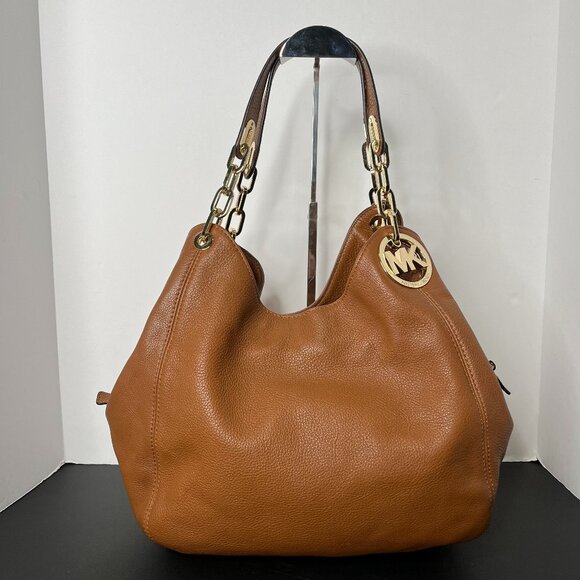 MICHAEL KORS Fulton Brown Pebbled Leather Shoulder Bag Gold Chain Hardware EUC - Picture 1 of 16